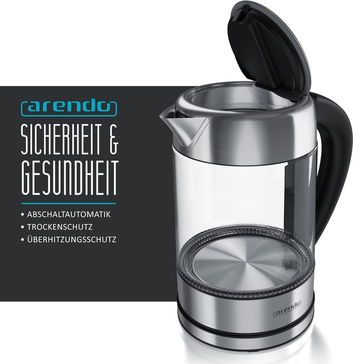 Actual product image Arendo Kettle 1.7 l, 2200 W, stainless steel with glass body, temperature selection 40°C - 100°C, boiling (1.70 l)