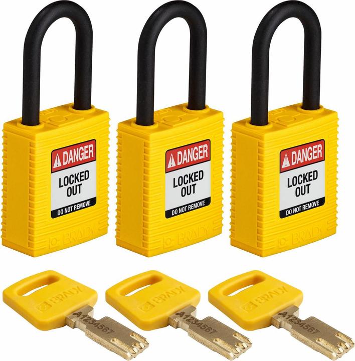 Actual product image Brady Safekey nylon safety lock with nylon shackle, yellow, shackle height 38 mm, shackle diameter 6.4 mm