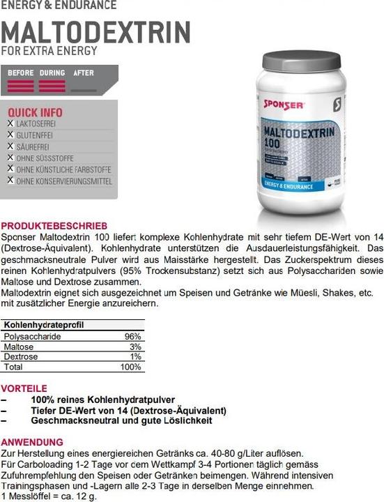 Valeurs nutritives et ingrédients Sponser maltodextrine 100 (Neutre, 1 x, 900 g)