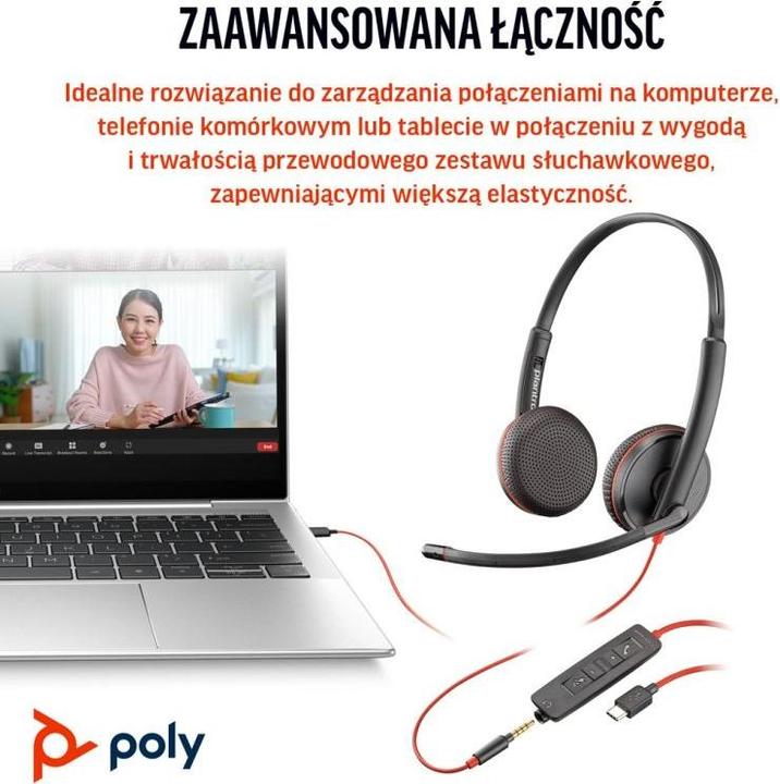 Image du produit Poly Blackwire 3225 Casque stéréo USB-C + prise 3,5 mm + adaptateur USB-C/A (Filaire, USB-C)