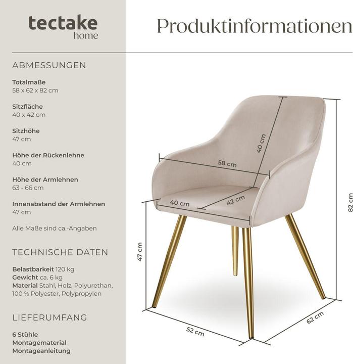 Actual product image tectake Chair Marilyn - with armrests, padded, velvet look, golden steel legs