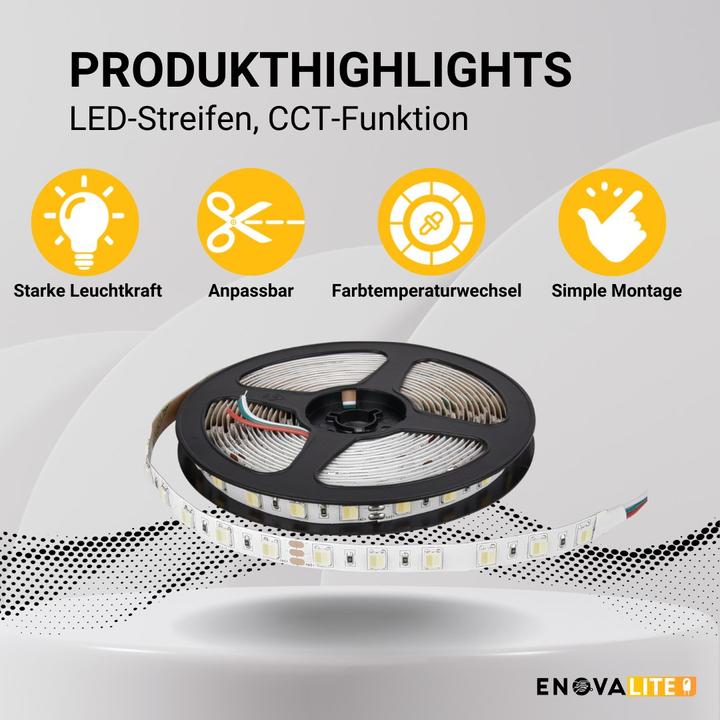 Produktbild Enovalite LED-Streifen mit CCT-Funktion (Kaltweiss, Neutralweiss, Warmweiss, 500 cm, Indoor)