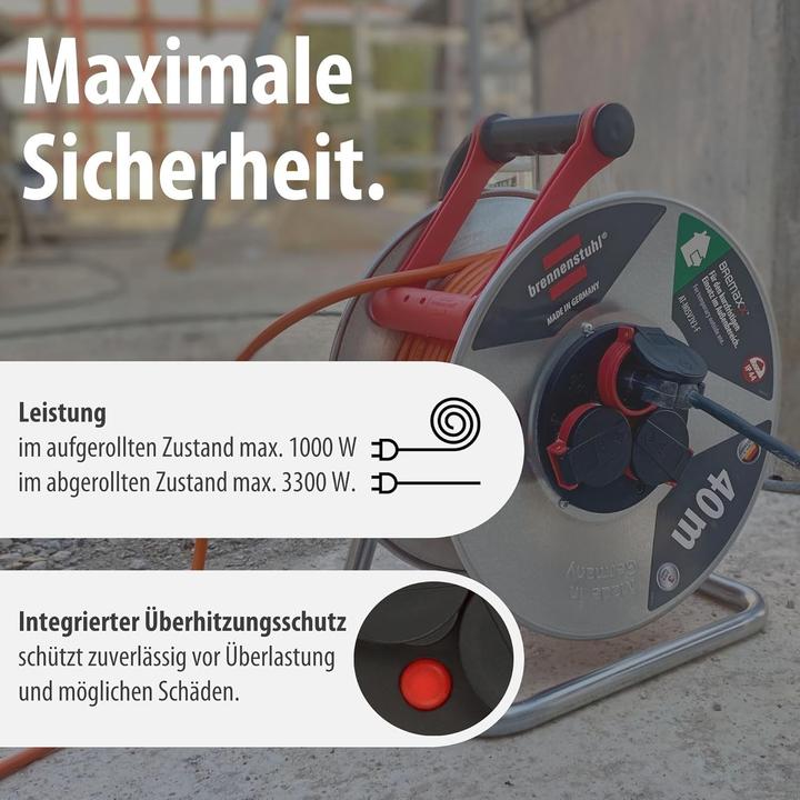 Actual product image Brennenstuhl Outdoor Cable Reel with Overheating Protection and 3 Waterproof Sockets (40 m, 1.50 mm²)
