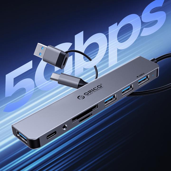 Produktbild Orico USB / USB-C Hub YSA7-U3, 1 x USB-A 3.0 - 4 x USB-A - 2 x USB-C (USB-A, 7 Ports)