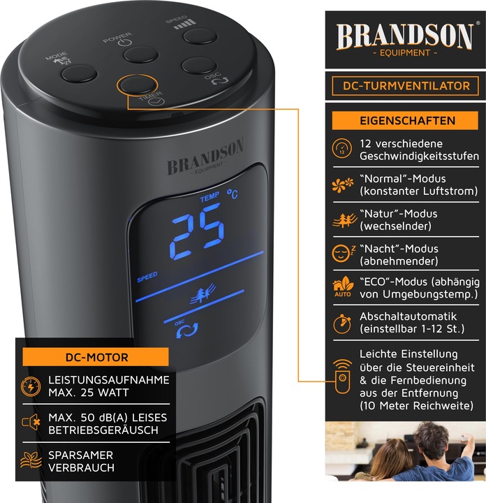 Immagine prodotto Brandson Ventilatore a torre, DC, silenzioso ed efficiente, 12 velocità, timer, oscillazione, telecomando (50 dB)
