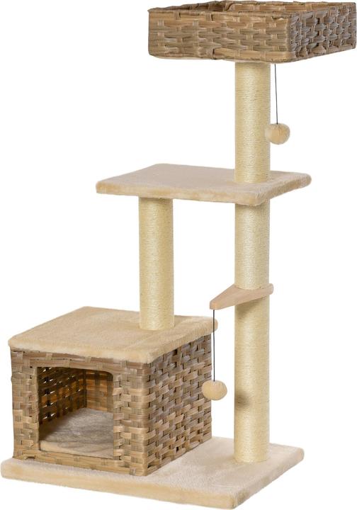Actual product image PawHut Cat tree with rattan cave (109 cm, Brown, Beige)