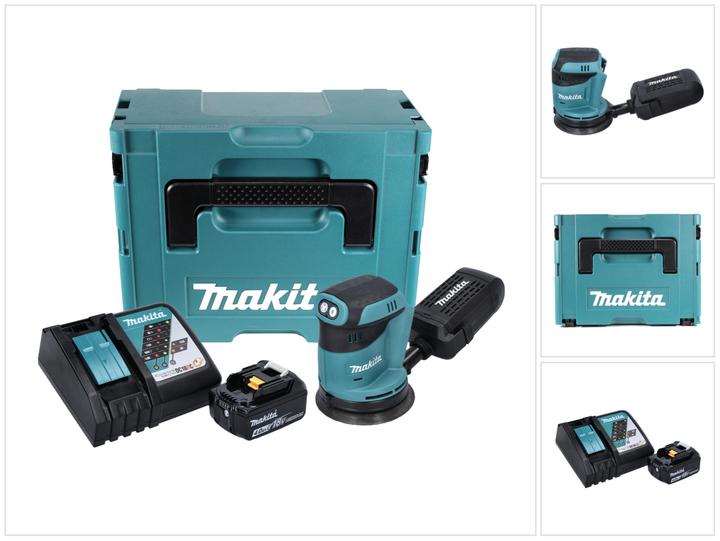 1x Makita DBO 180 Akku Exzenterschleifer, 1x Schleifpapier, 1x Staubsammelbox, 1x Makita BL 1840 B 18 V 4,0 Ah Akku, 1x Makita DC 18 RC Ladegerät, 1x Makita Makpac Koffer, 1x Universaleinlage
