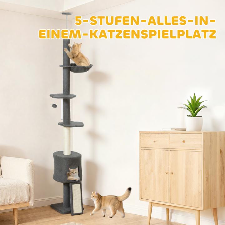 Produktbild PawHut Kratzbaum Spanplatte, Polyester Dunkelgrau (220 cm, Dunkelgrau)