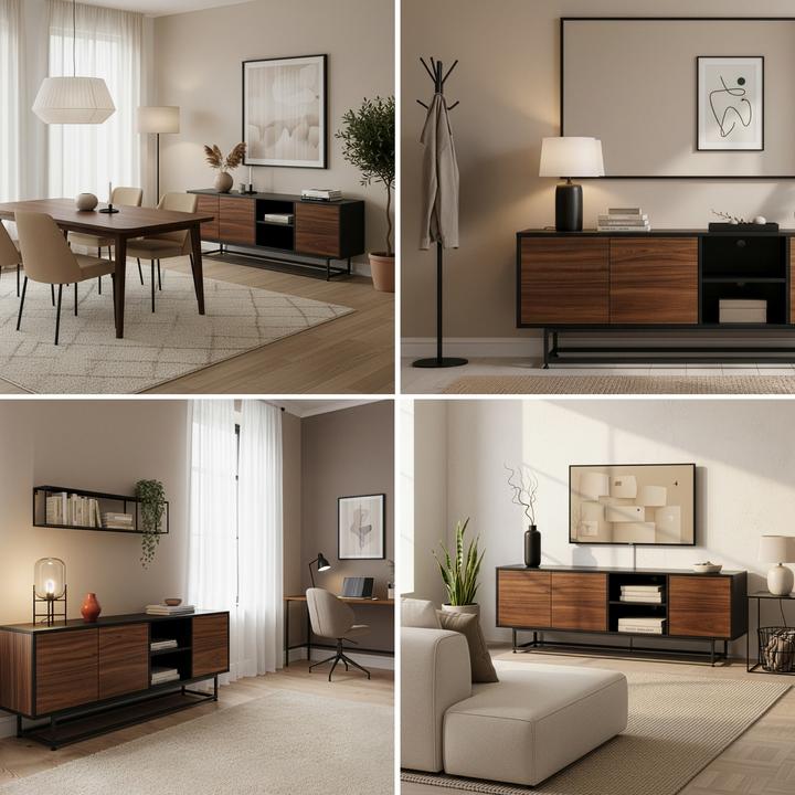 Produktbild En.Casa Lowboard Boxholm 160x30x57 cm Schwarz/Walnussoptik (160 x 30 x 56.50 cm)