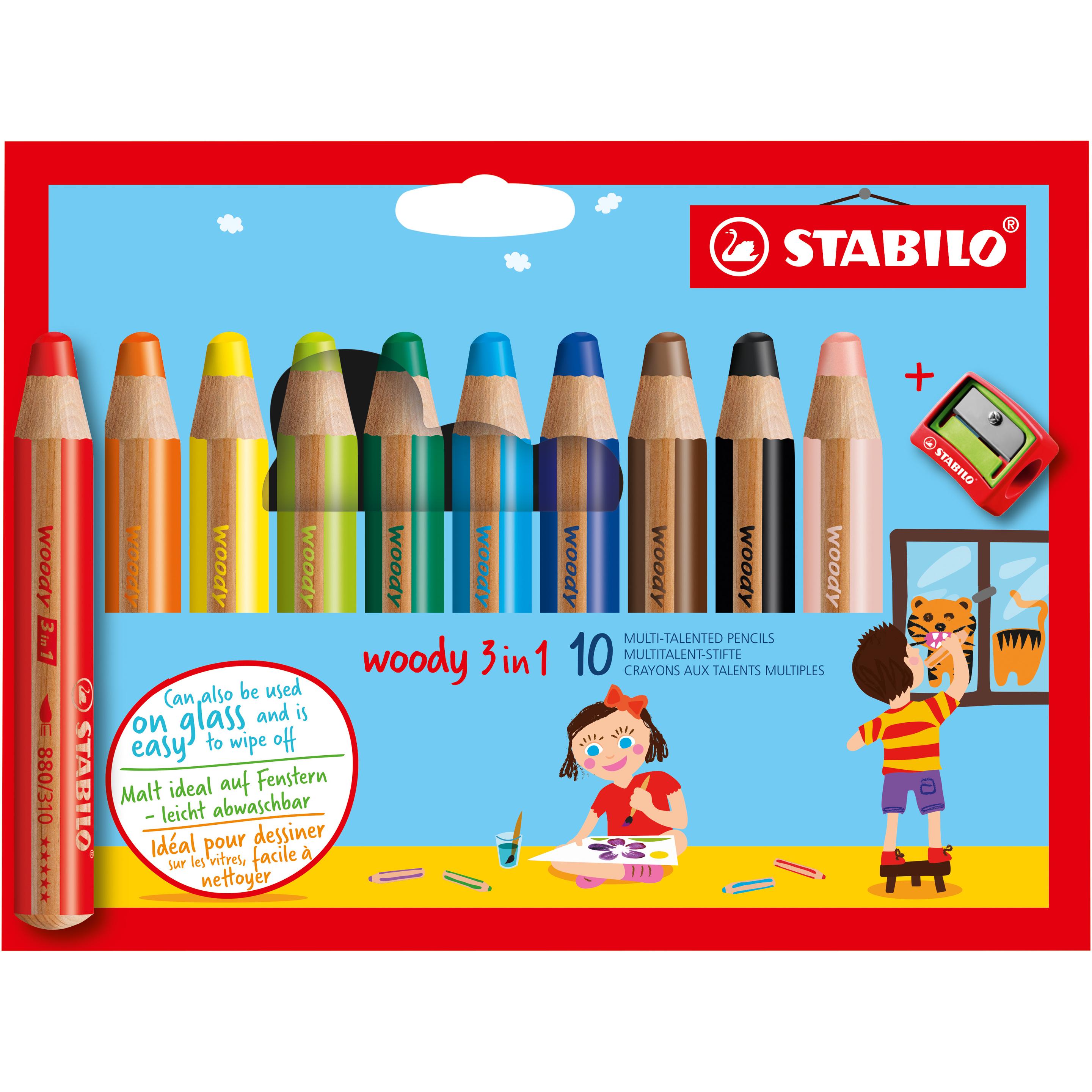 STABILO, Malstifte, woody 3 in 1 Buntstift mit Spitzer (Mehrfarbig, 10 x)