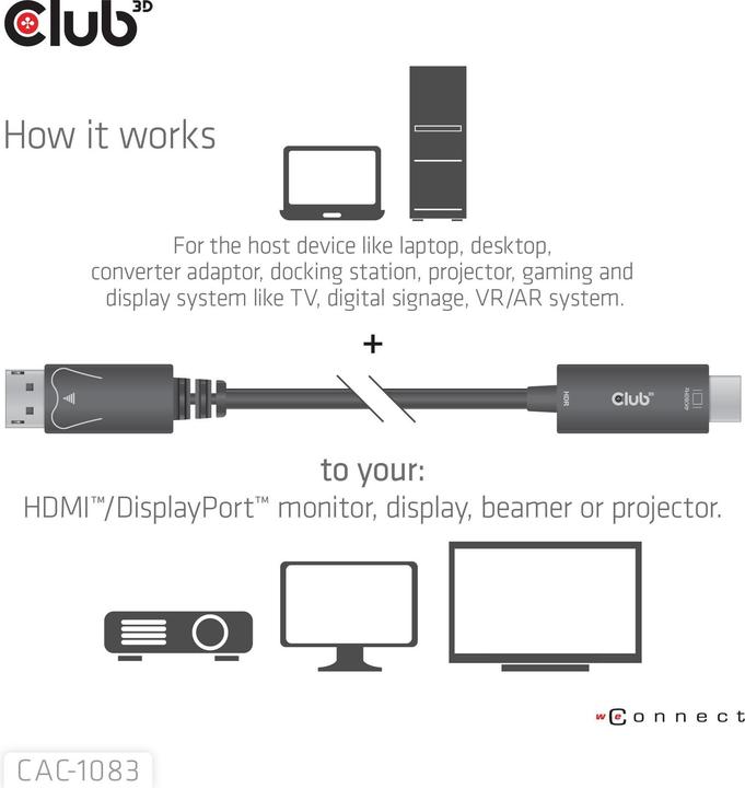 Produktbild Club 3D DisplayPort 1.4 Cable to HDMI 2.0b Active Adapter (2 m, DisplayPort, 2.0b)