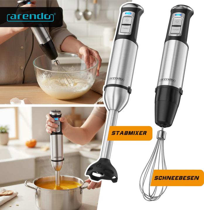 Image du produit Arendo Stabmixer Set 2000 Watt, Edelstahl, Handmixer, stufenlose Regelung, Abnehmbar, DC-Motor, ergonomisch