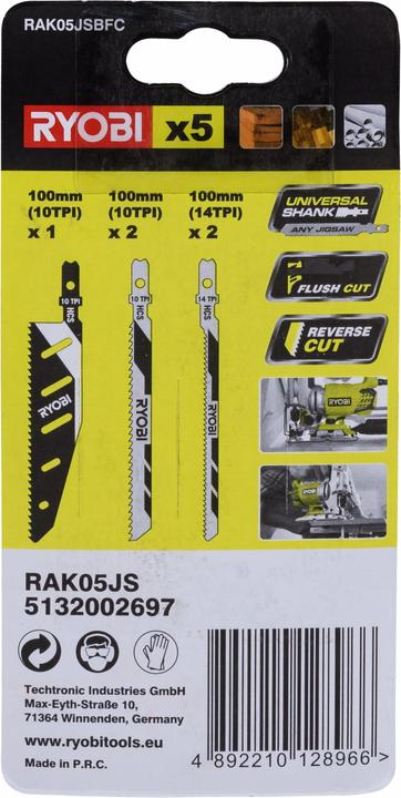 Actual product image Ryobi RAK05JSBFC 5-piece jigsaw blade set