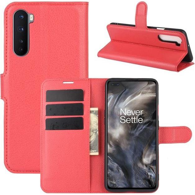 MU Classic Litchi Leder Bookcover Series (OnePlus Nord), Smartphone Hülle, Rot
