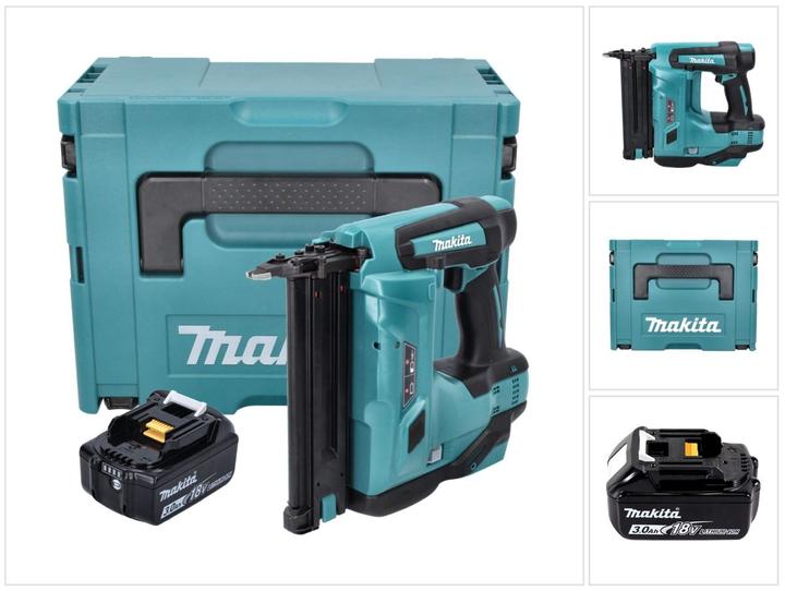 1x Makita DBN 500 cordless upright nailer, 1x Makita BL 1830 B 18 V 3.0 Ah battery, 1x Makita Makpac, 1x universal insert, without charger