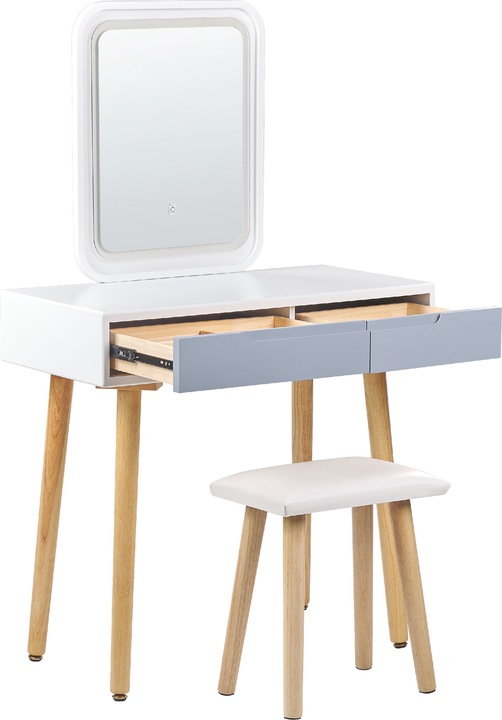 Produktbild Beliani Schminktisch mit 2 Schubladen, LED-Spiegel und Hocker Weiss/Grau DIEPPE (80 x 40 x 134 cm)