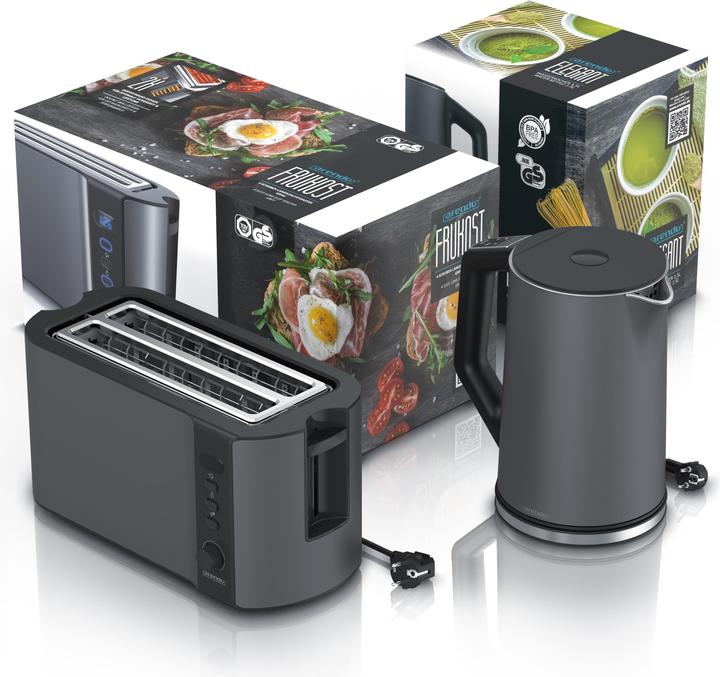 Produktbild Arendo Frühstücks Set, Edelstahl Wasserkocher 1,5l Temperaturwahl & 4 Scheiben Langschlitz Toaster, Grau