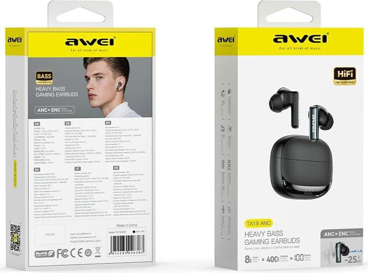 Actual product image Awei Słuchawki bezprzewodowe TA19 ANC Bluetooth 6.0 TWS + stacja dokująca czarny (ANC, Docking, Wireless)