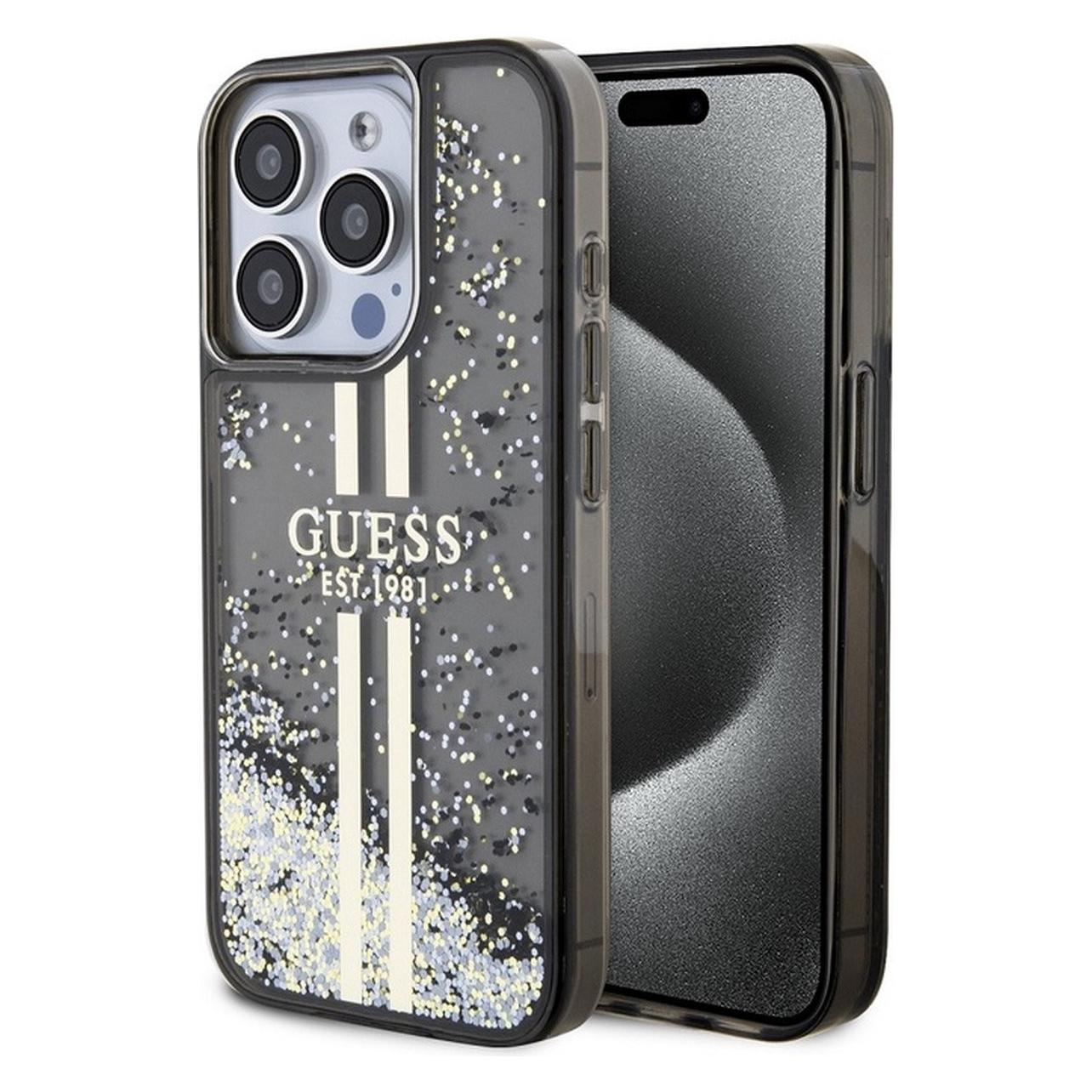 Guess GUHCP15LLFCSEGK IPhone 15 Pro 6.1" Czarny/black Hardcase Liquid Glitter Gold Stripes (Apple IPhone 15 Pro), Smartphone Hülle, Schwarz, Gold