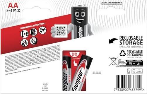 Produktbild Energizer Max Alkaline Mignon-Batterien, 8+4 (12 Stk., AA / LR6 / LR06 / Mignon / R6 / R14505)