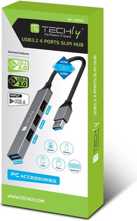 Actual product image Techly USB-A 3.2 Hub mit 4 schlanken USB-A-Ports aus Metall Hersteller: (IUSB32-HUB4A-3U2SLS) (USB-A, 4 ports)
