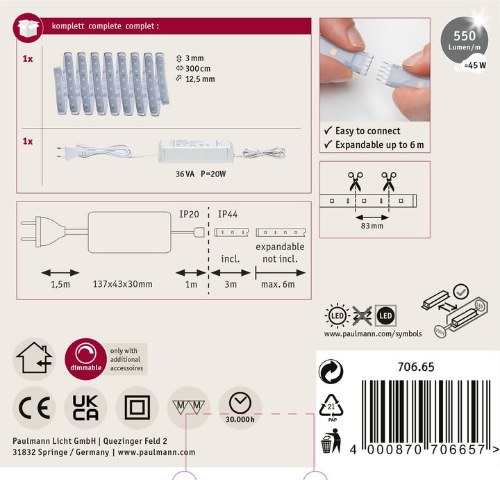Immagine prodotto Paulmann Set di strisce MaxLED 500 (Bianco freddo, 300 cm, Interno)