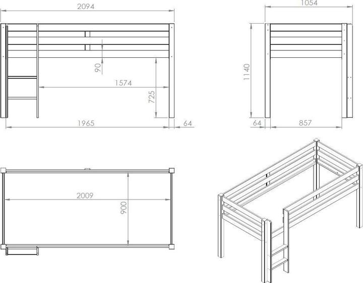 Produktbild Vipack Halbhohes Bett Pino Spring (90 x 200 cm)