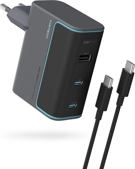 Actual product image NoName Cuktech CUKAD1003EUG GaN 100W Wandladegerät 2 x USB-C 1 x USB-A mit USB-C-Kabel - Grau (100 W, 3 ports)
