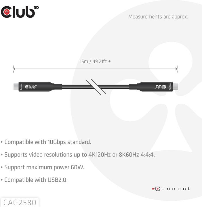 Immagine prodotto Club 3D Club3D USB-C AOC-Kabel 8K/ 10Gbps/ 60W 15m St/St (15 m, USB 3.2 Gen 2, 60 W)