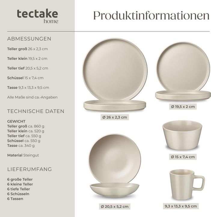 Image du produit tectake Service de vaisselle UNA en grès pour 6 personnes (30 pcs)