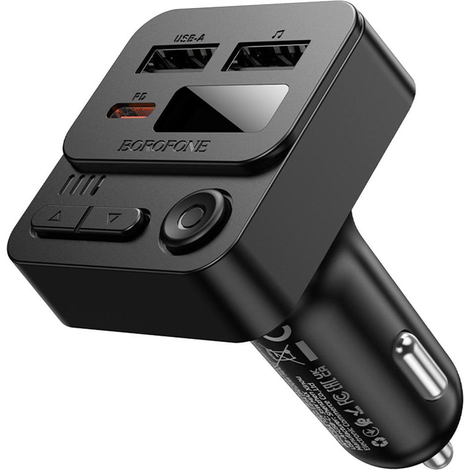 Borofone, Accessori per autoradio, Trasmettitore FM BT e caricatore da auto BC60 Hero, 2 x USB-A - 1 x USB-C, nero