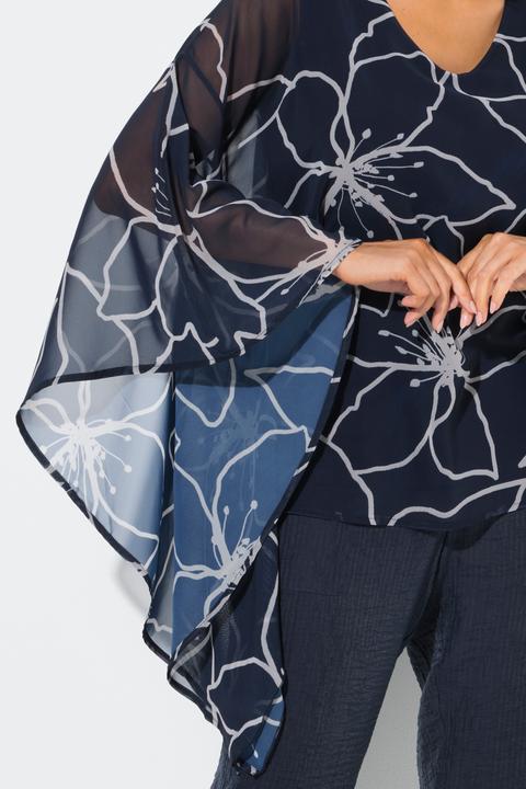 Produktbild Ulla Popken Chiffon-Bluse, Blüten, Oversized, V-Ausschnitt, 3/4-Arm (46, 48)
