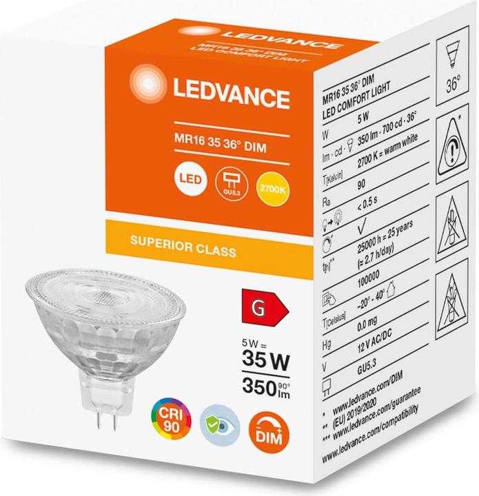 Actual product image Ledvance LED Comfort MR16 36° 350lm 5W/927 (35W) GU5,3 daempbar (GU5.3, 5 W, 350 lm, 1 x, G)