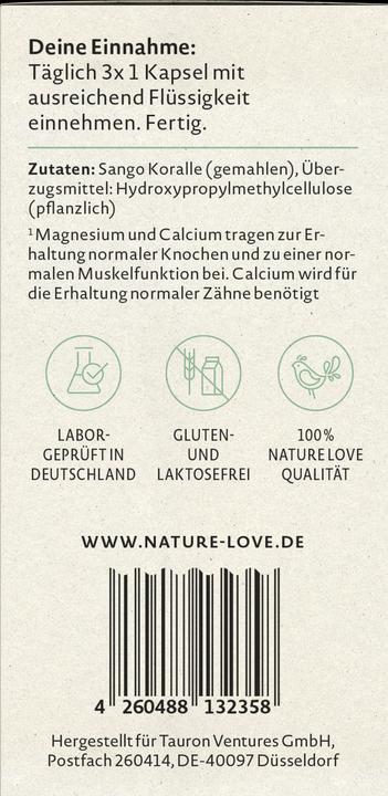 Valeurs nutritives et ingrédients Nature Love Corail de mer Sango (90 pièce(s), Capsules, 109 g)