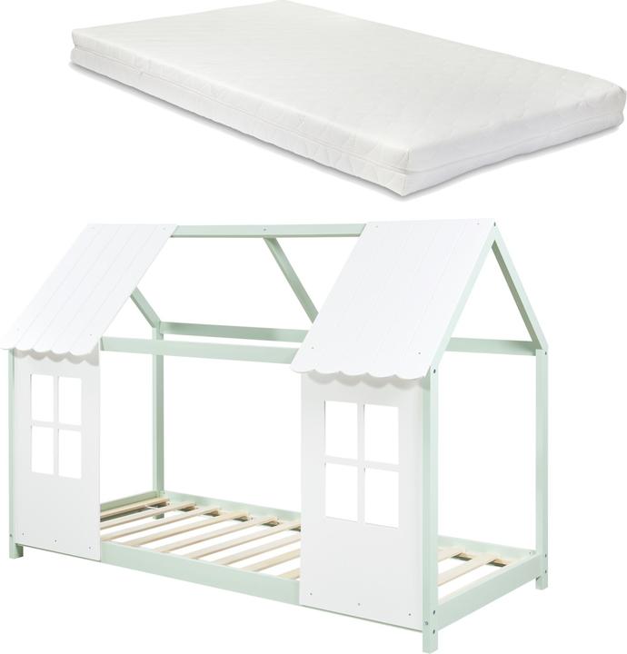 Actual product image En.Casa Halboffenes Kinderbett Tostedt mit Matratze 90x200 cm Mintgrün/Weiss (90 x 200 cm)