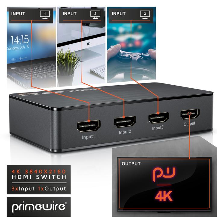 Produktbild Primewire HDMI 2.0b 3 Port Switch, Verteiler 4k 60Hz UHD, Ultra HD 4096x2160 HDR, Fernbedienung, Netzteil