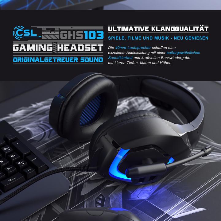 Produktbild CSL Gaming Headset mit Mikrofon, Kopfhörer für Windows/Mac/Linux /PS4/PS4 Pro (Kabelgebunden)