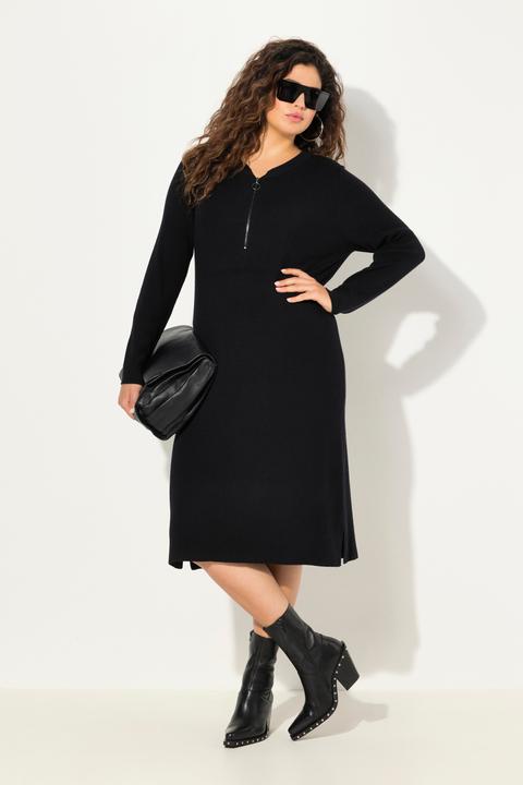 Produktbild Ulla Popken Rippjersey-Midikleid, Zipper, A-Linie, V-Ausschnitt, Langarm (50, 52)