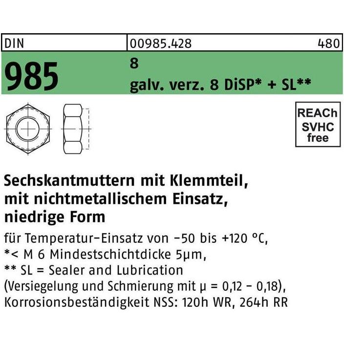 Muttern + Unterlegscheiben, Sechskantmutter DIN 985 m.Klemmteil M 20 8 galv. verz. (M20)