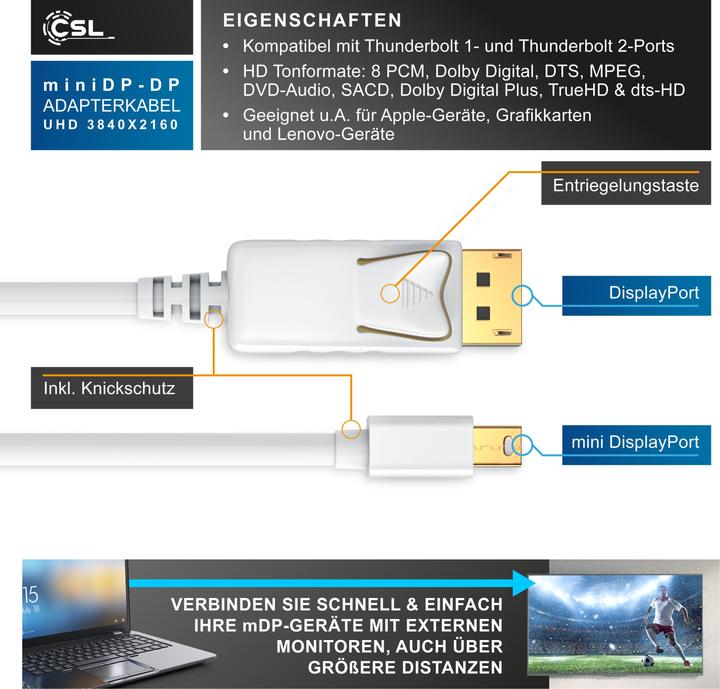 Actual product image CSL Mini DisplayPort to DisplayPort Cable - Audio Video Cable - FullHD - compatible Apple Lenovo Surface (2 m)