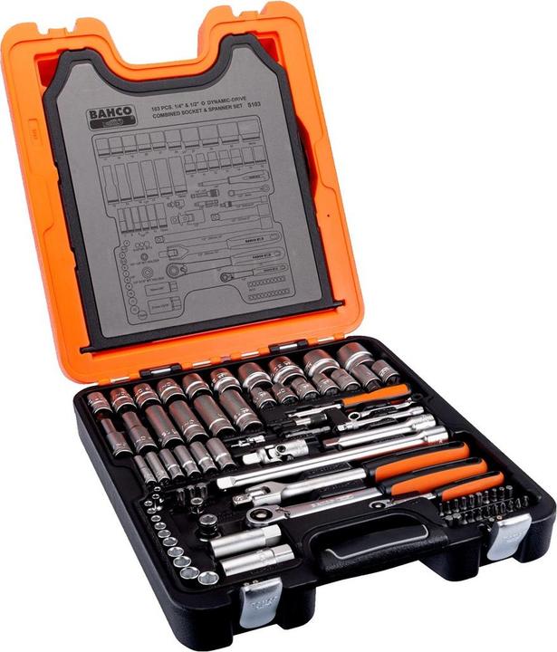 Produktbild Bahco 1/4"- und 1/2"-Steckschlüssel-Satz inlukusive Ring-Maulschlüsseln - 103-teilig