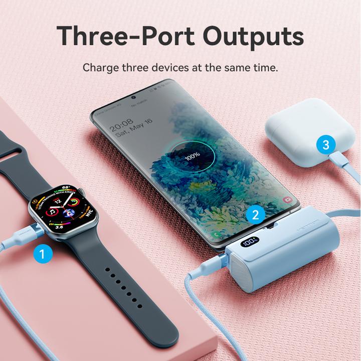 Image du produit Vention LED Display 4800mAh Power Bank (USB-C + Lightning + USB-C) 22.5W Rose Pliable USB-C Type (4800 mAh, 22.50 W, 22.50 Wh)