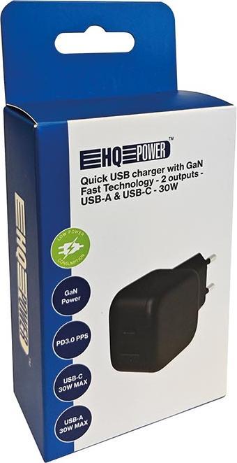 Produktbild HQ Power Schnelles USB-Ladeger?t mit GaN-Fast-Technologie - 2 Ausg?nge - USB-A und USB-C - 30 W (30 W, 2 Ports)