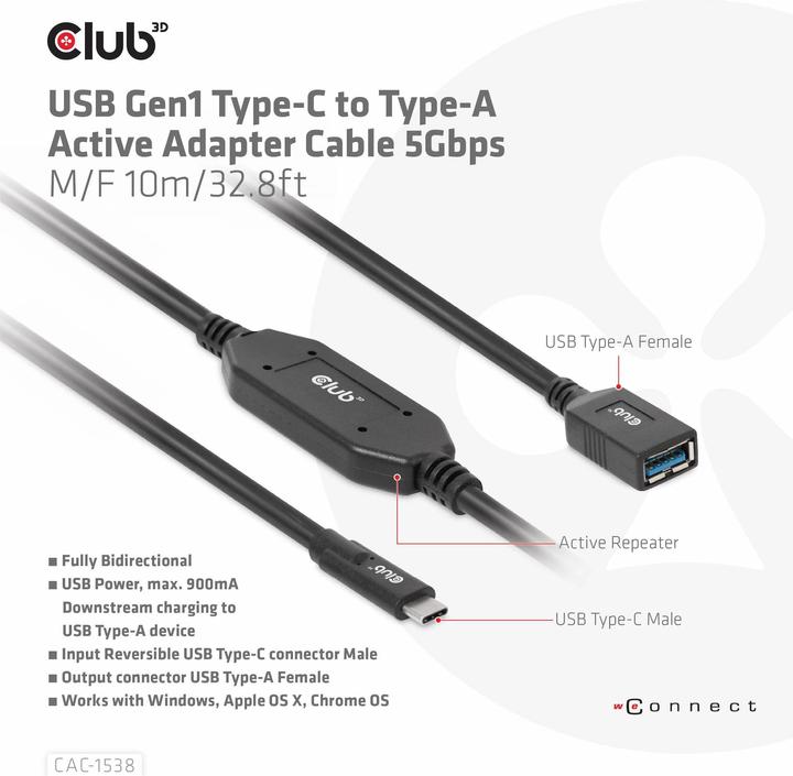 Produktbild Club 3D Club3D Kabel USB 3.2 Typ C <> USB Typ A St/Bu (10 m, USB 3.2 Gen 1)