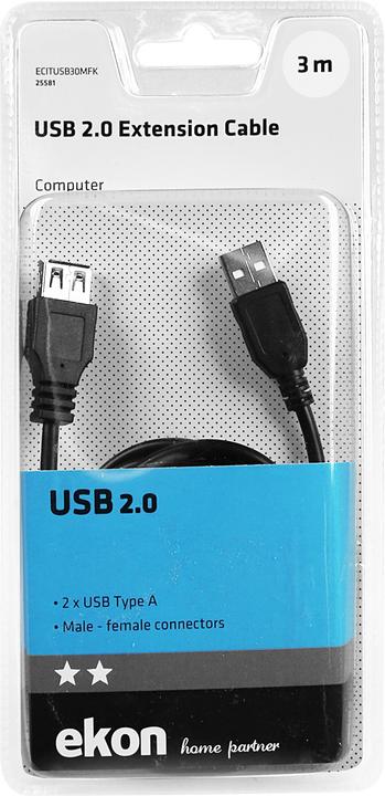Produktbild Ekon Type A Male - Female USB 2.0 Extension Cable (3 m, USB 2.0)