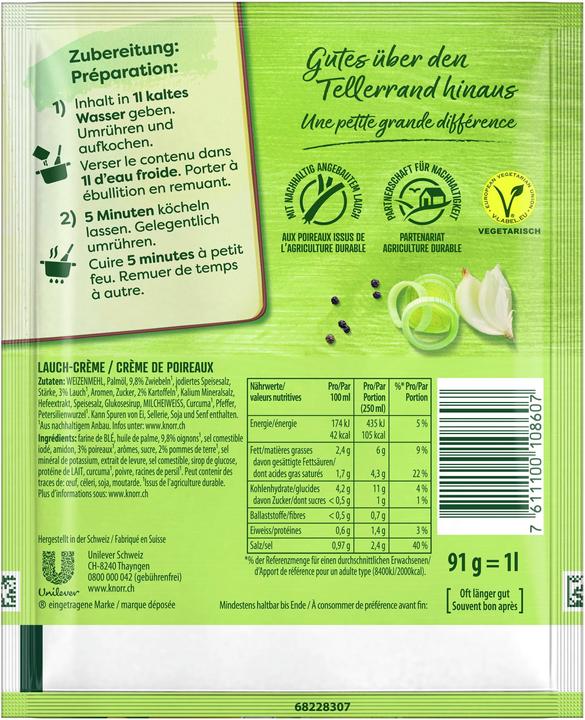 Nutritional values and ingredients Knorr Leek cream soup bag, creamy soup with fine pieces of leek