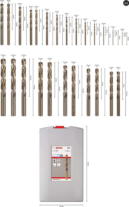 Produktbild Bosch Professional Zubehör PRO Stainless Steel HSS-Co Spiralbohrer-Set, 25-tlg. (6 mm, 12 mm, 1 mm, 6.5 mm, 5.5 mm, 10 mm, 10.5 mm, 12.5 mm, 1.5 mm, 7 mm, 11 mm, 3 mm, 5 mm, 8.5 mm, 11.5 mm, 8 mm, 2.5 mm, 9 mm, 3.5 mm, 4.5 mm, 2 mm, 7.5 mm, 13 mm, 9.5 mm, 4 mm)