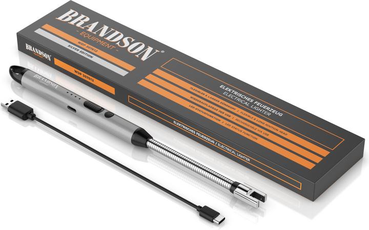 Produktbild Brandson Feuerzeug elektrisch, Lichtbogen Stabfeuerzeug USB aufladbar, flexibler Hals, Kaminanzünder, silber