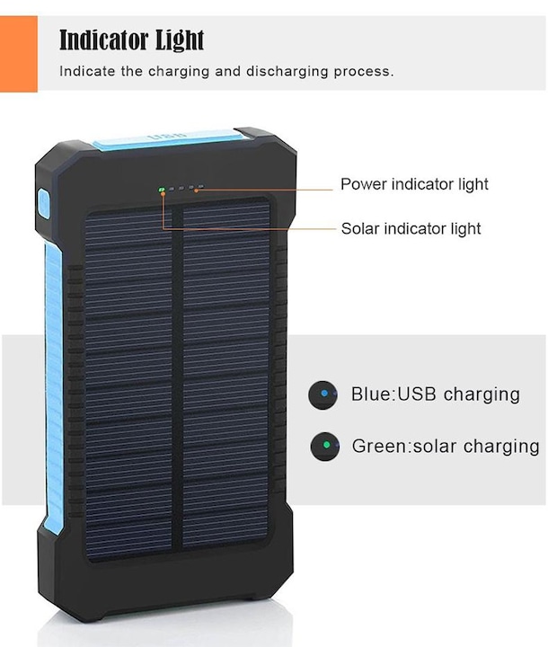 Produktbild PhoneLook Wasserdichte externe Batterie 10000mAh Power Bank mit Solarpanel & LED (10 W)