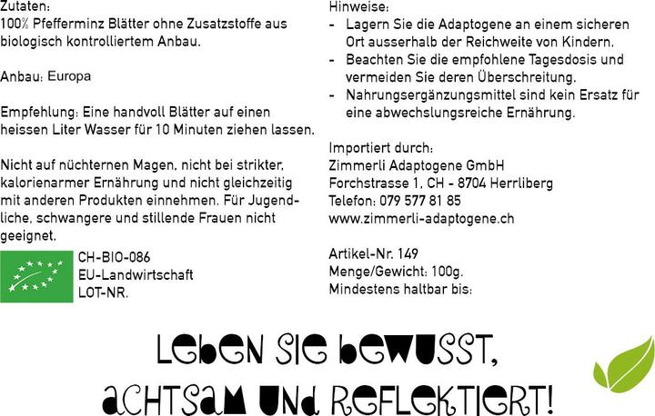 Nährwerte und Zutaten Zimmerli Adaptogene Pfefferminz Tee (BIO) (50 g)